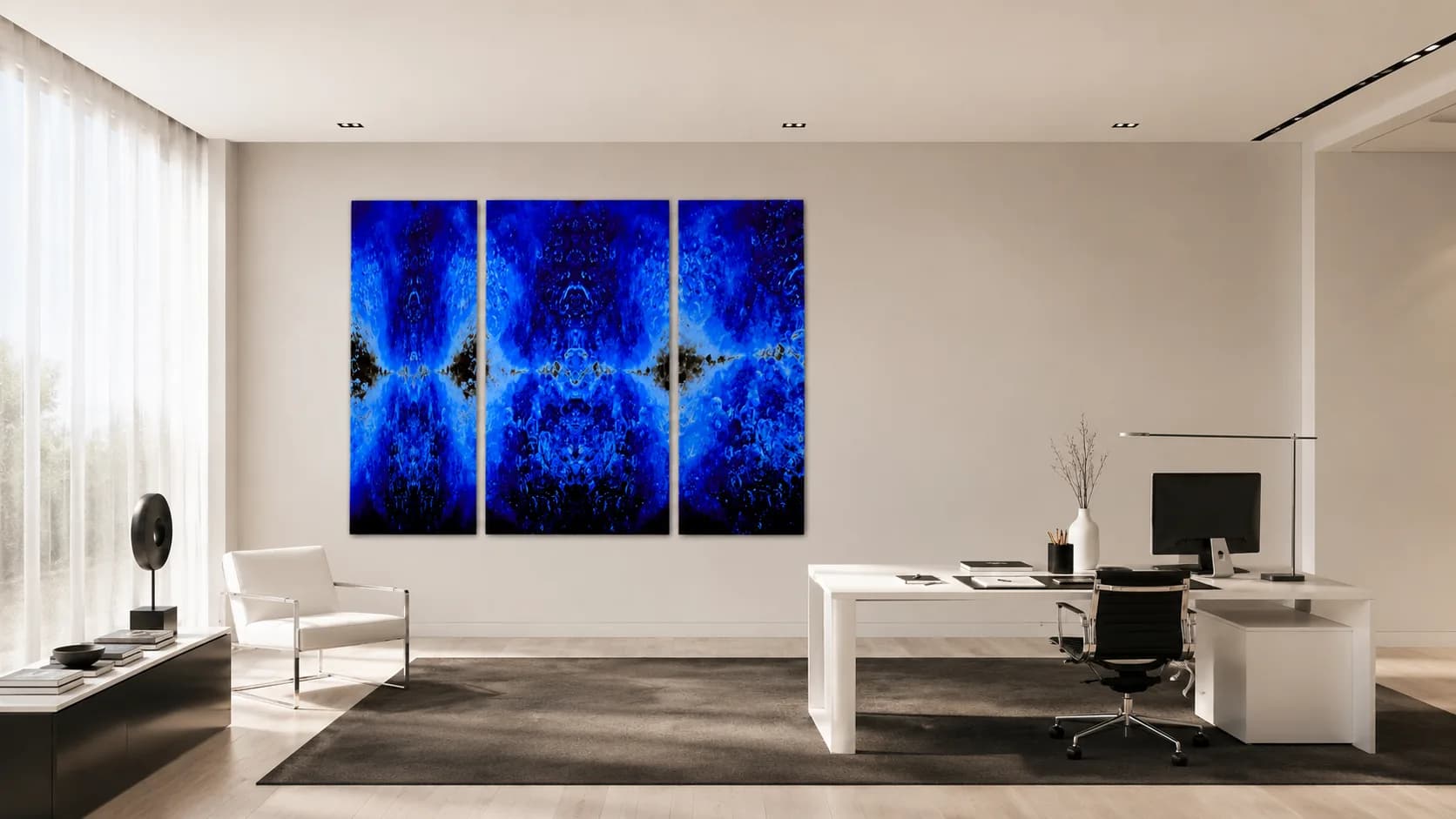 Breath under Pressure (triptych) in an office, visualisation of scale and placement
