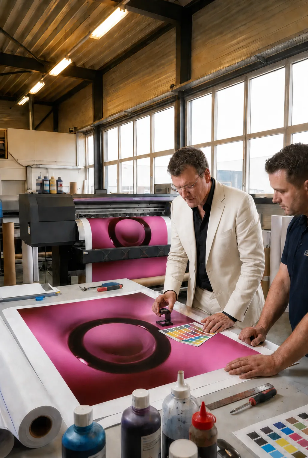 Ed Reininga beside a print of Inner Frequency