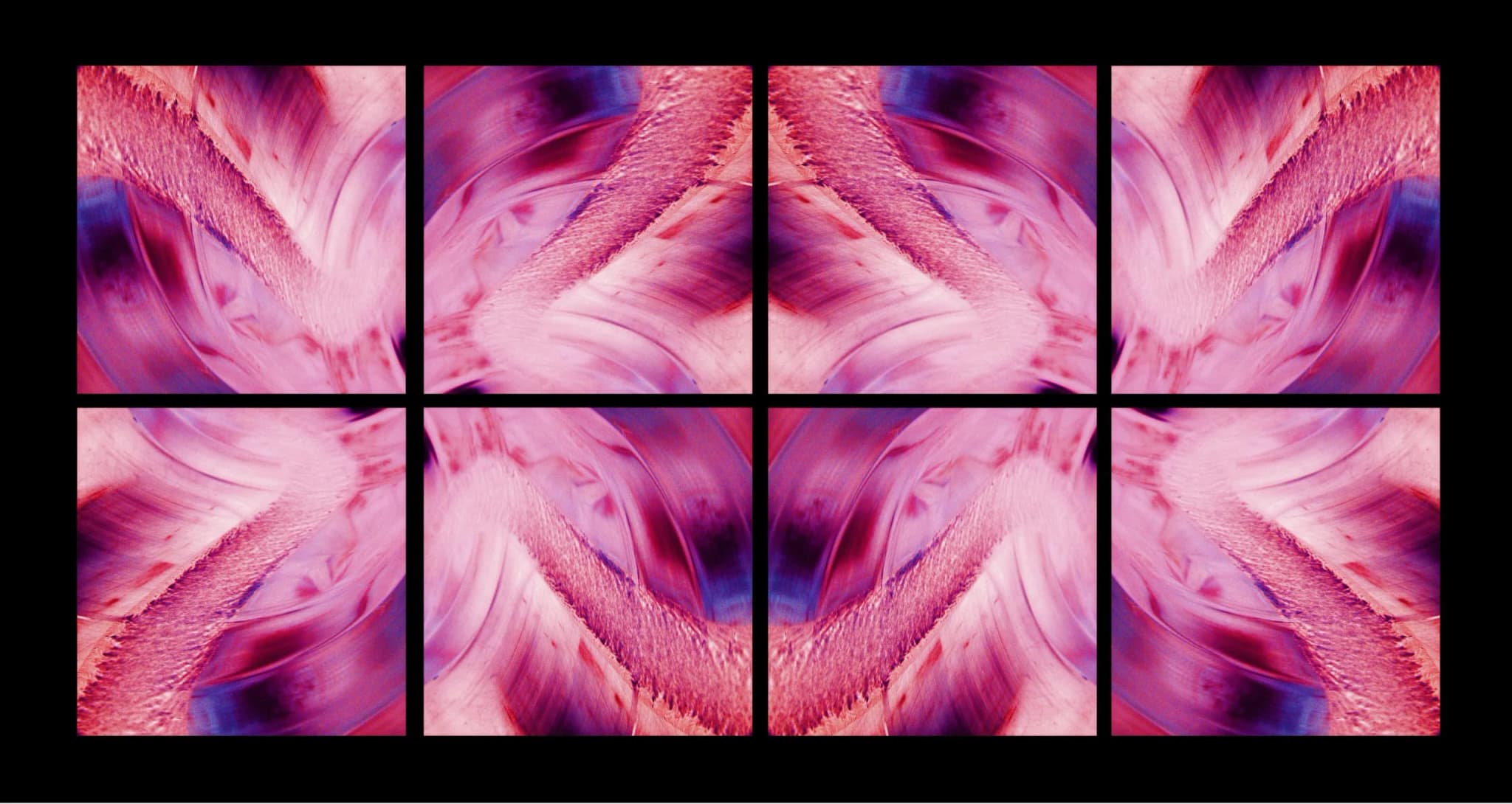 Abstract photograph in deep carmine and magenta: an organic form mirrored symmetrically into a folded, chamber-like structure.